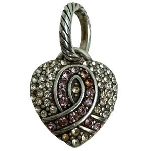Rhinestone Pave Heart Breast Cancer Awareness Charm Pendant Silver Tone Jewelry